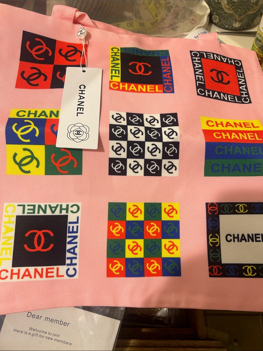 CHANEL Pink Logo Pattern Scarf with Multicolor Block Prints